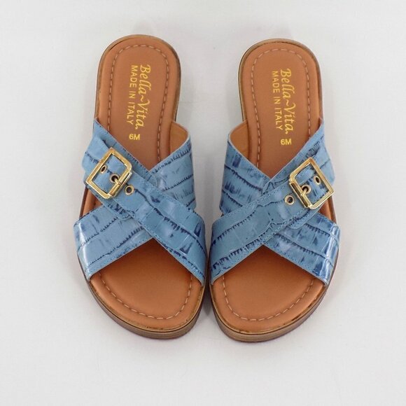 Bella Vita Slide Sandals Leather Size 6 Denim Blue Italy Croco Embossed - Picture 5 of 8
